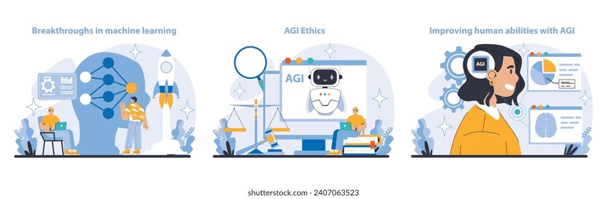 AGI set. Machine learning breakthroughs, ethical AI use, and enhanced human cognitive abilities. Pioneering AI's ethical and intellectual advancements. Flat vector illustration.