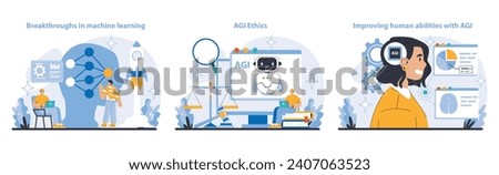 AGI set. Machine learning breakthroughs, ethical AI use, and enhanced human cognitive abilities. Pioneering AI's ethical and intellectual advancements. Flat vector illustration.