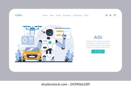 AGI web or landing page. Autonomous vehicles and drones advance under AI guidance. Interactive robotics leading the technological revolution. Flat vector illustration.