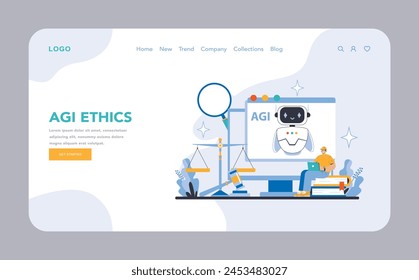 AGI web or landing page. Balancing AI technology with ethical considerations. Focusing on responsible AI development and application. Flat vector illustration.