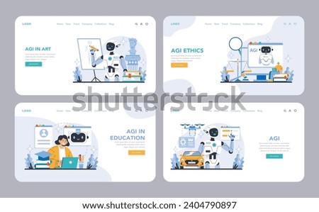 AGI web or landing page. AGI transforming art, ethics, education, and driving innovation. A holistic AI approach shaping future landscapes. Flat vector illustration.