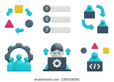 Agile 3d vector icon set. Delegate, dependency, flexibility, priority, team, working. Isolated on white background. 3d icon vector render illustration.