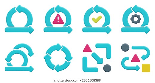 Agile 3d vector icon set. Acceptance, agile, continuous, iteration, scrum, risk, lean, link. Isolated on white background. 3d icon vector render illustration.