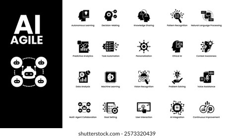 Agile AI icon Set. Autonomous learning, decision-making, pattern recognition icon, and ethical AI for innovation, automation, and efficient system design.