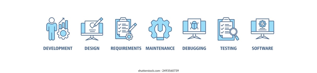 Conjunto de iconos de Web de Anuncio ágil concepto de ilustración de Vector con ícono de desarrollo, diseño, requisitos, mantenimiento, depuración, pruebas y software, trazo en vivo y fácil de editar