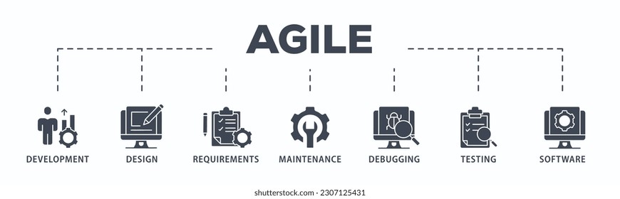 Agile el concepto de ilustración vectorial de icono web con icono de desarrollo, diseño, requisitos, mantenimiento, depuración, pruebas y software
