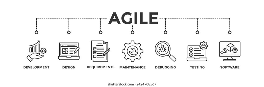Agile banner web icon vector illustration concept with icon of development, design, requirements, maintenance, debugging, testing and software	