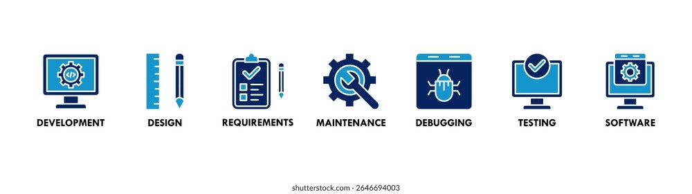 Conceito de ilustração vetorial de ícone da Web de banner ágil com ícone de desenvolvimento, design, requisitos, manutenção, depuração, teste e software