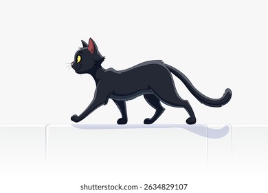 An agile black cat is walking along a wall on a white background with simple animal illustration style.