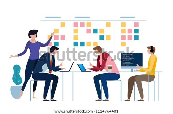 Agile business team of\
programmer working and make some planning on the scrum board.\
Whiteboard and process teamwork, scheme methodology. Vector\
illustration flat