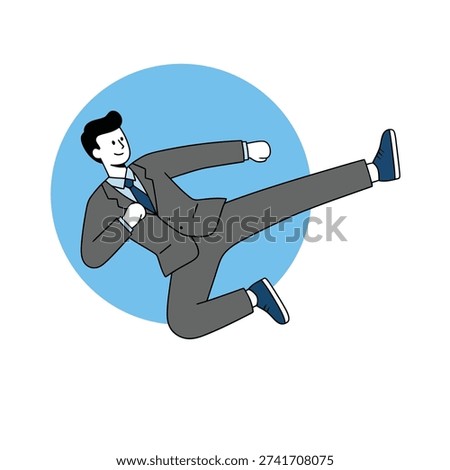 An agile businessman in a suit performing a mid air martial arts kick, representing power and dynamic action, blue circle background, flat design vector illustration.