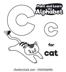 Agile cat moving its tail ready to color it in didactic alphabet, with  majuscule and minuscule C letter for easy learning.