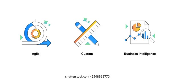 Desenvolvimento ágil, soluções personalizadas e ícones de business intelligence. Soluções ágeis, personalizadas e de business intelligence. Traçado e cores editáveis por vetor.