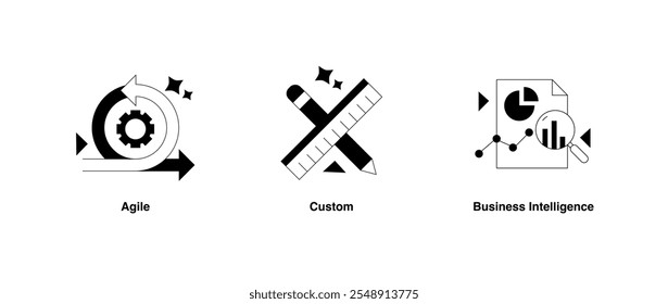 Desenvolvimento ágil, soluções personalizadas e ícones de business intelligence. Soluções ágeis, personalizadas e de business intelligence. Traçado e cores editáveis por vetor.