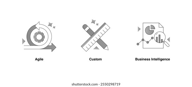 Desenvolvimento ágil, soluções personalizadas e ícones de business intelligence. Soluções ágeis, personalizadas e de business intelligence. Traçado e cores editáveis por vetor.