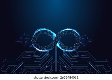 Agile development and DevOps concept with glowing polygonal infinity loop on circuit board background. Futuristic low poly style, abstract vector illustration for digital process and technology.