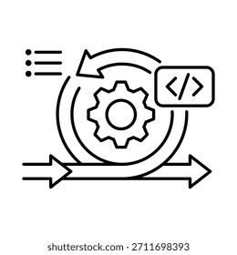 Ícone Desenvolvimento Ágil. Engrenagem com chip AI. Gerenciamento iterativo de projetos e processo de desenvolvimento rápido com IA para eficiência e flexibilidade. Ícone de vetor.