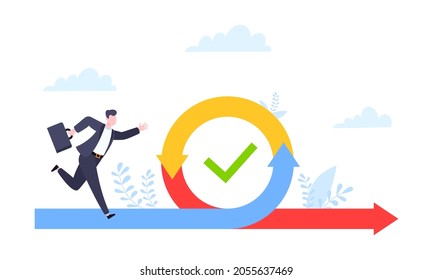 Metodología de desarrollo ágil concepto de negocio diseño de estilo plano ilustración vectorial aislada en fondo blanco. Ciclo de vida ágil para el diagrama de desarrollo de software. La persona de negocios se ejecuta en el proyecto.