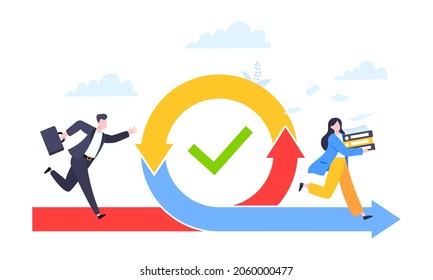 Agile development methodology business concept flat style design vector illustration isolated on white background. Agile life cycle for software development diagram. Business person run into project.