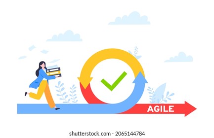 Agile development methodology business concept flat style design vector illustration isolated on white background. Agile life cycle for software development diagram. Business person run into project.