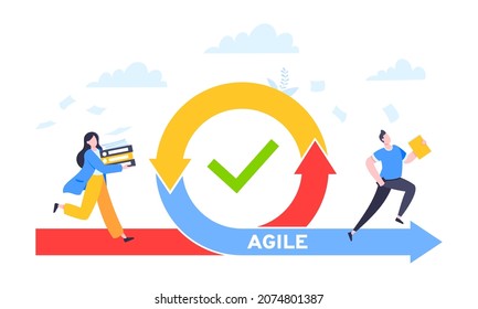 Agile development methodology business concept flat style design vector illustration isolated on white background. Agile life cycle for software development diagram. Business people run into project.