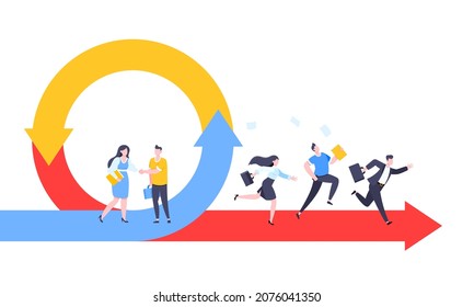 Agile development methodology business concept flat style design vector illustration isolated on white background. Agile life cycle for software development diagram. Business people run into project.