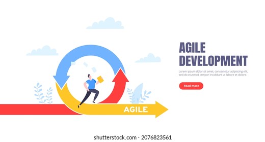 Metodología de desarrollo ágil concepto de negocio diseño de estilo plano ilustración vectorial aislada en fondo blanco. Ciclo de vida ágil para el diagrama de desarrollo de software. La persona de negocios se ejecuta en el proyecto.