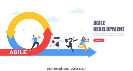 Agile Development Methodik Business-Konzept flach Design Vektorgrafik einzeln auf weißem Hintergrund. Agile Life Cycle for Software Development Diagramm. Geschäftsmann läuft in ein Projekt.