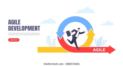 Metodología de desarrollo ágil concepto de negocio diseño de estilo plano ilustración vectorial aislada en fondo blanco. Ciclo de vida ágil para el diagrama de desarrollo de software. La persona de negocios se ejecuta en el proyecto.
