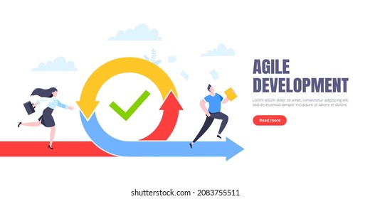 Agile development methodology business concept flat style design vector illustration isolated on white background. Agile life cycle for software development diagram. Business person run into project.