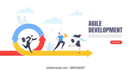 Agile development methodology business concept flat style design vector illustration isolated on white background. Agile life cycle for software development diagram. Business person run into project.