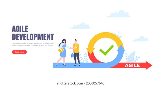 Agile development methodology business concept flat style design vector illustration isolated on white background. Agile life cycle for software development diagram. Business person run into project.