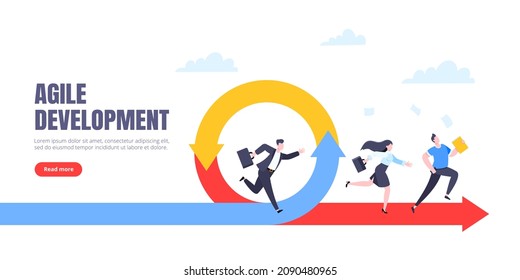 Agile development methodology business concept flat style design vector illustration isolated on white background. Agile life cycle for software development diagram. Business person run into project.