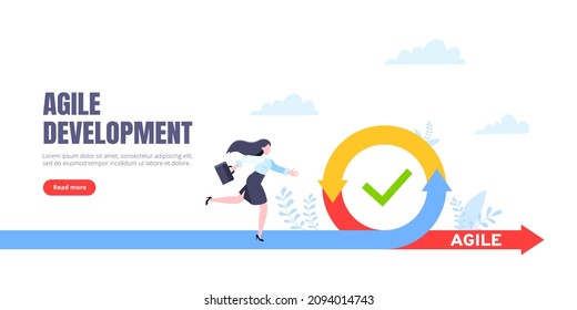 Agile development methodology business concept flat style design vector illustration isolated on white background. Agile life cycle for software development diagram. Business person run into project.