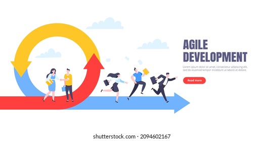 Metodología de desarrollo ágil concepto de negocio diseño de estilo plano ilustración vectorial aislada en fondo blanco. Ciclo de vida ágil para el diagrama de desarrollo de software. La persona de negocios se ejecuta en el proyecto.