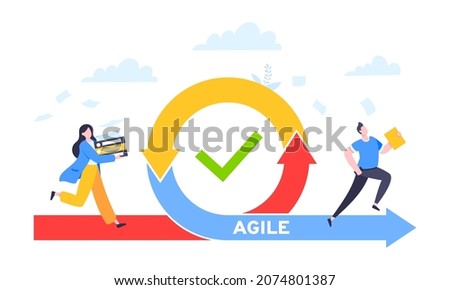 Agile development methodology business concept flat style design vector illustration isolated on white background. Agile life cycle for software development diagram. Business people run into project.
