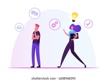 Agile Development Methodology Concept. Thoughtful Businessman Thinking of Project Using Agile Technology, Businesswoman Have Idea to Share. Business Strategic Planning. Flat Vector Illustration