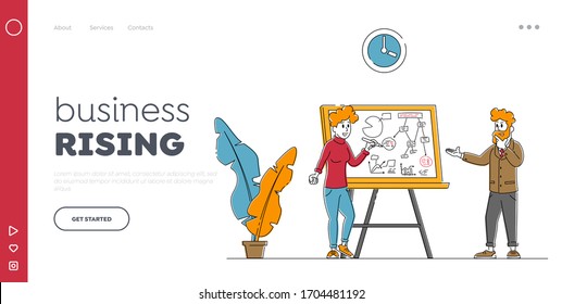 Agile Development Methodology Landing Page Template. Business People Characters Developing Project Using Agile Technology and Scrum Board. Businesspeople Strategic Planning. Linear Vector Illustration