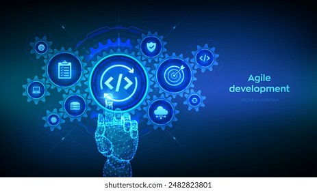 Agile development and optimisation concept. Software engineering. Software development practices methodology. Wireframe hand touching digital interface with connected gears cogs and icons. Vector.