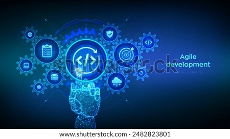 Agile development and optimisation concept. Software engineering. Software development practices methodology. Wireframe hand touching digital interface with connected gears cogs and icons. Vector.