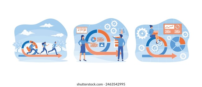 Agile development process with running IT developers team. Agile project management and Scrum task board. Agile project management abstract concept. Set flat vector modern illustration 
