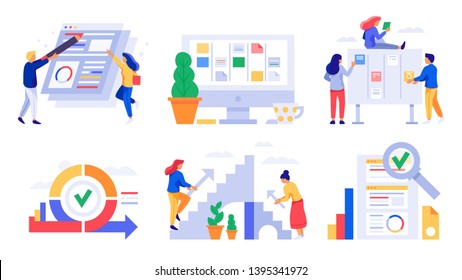 Agile Development. Scrum Board Sprints, Kanban Management Team Tasks And Business Agility Work Strategy Vector Illustration Set