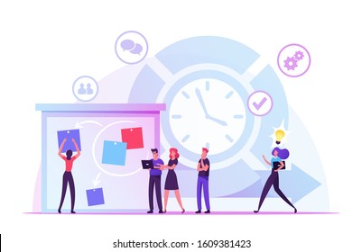 Agile Development Software Methodology Concept. People Sticking Papers on Big Organizer, Planning and Analyzing Working Process, Scrum Task Board Team Work Lifecycle. Cartoon Flat Vector Illustration