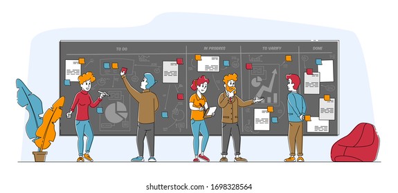 Agile Development Software Methodology Concept. People Characters Sticking Papers on Scrum Task Board Organizer. Planning and Analyzing Working Process, Team Work Lifecycle. Linear Vector Illustration