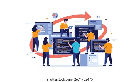 Equipo de desarrollo ágil que colabora en un proyecto de software utilizando tecnología y herramientas modernas