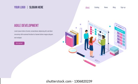Agile development. Teamwork on project using agile technology. Planning of business processes, strategic planning, project management, scrum task board. Landing page template. Isometric vector.