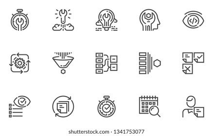 Agile Development Vector Line Icons Set. Production Management, Project Quality Control, Scrum Master. Editable Stroke. 48x48 Pixel Perfect.