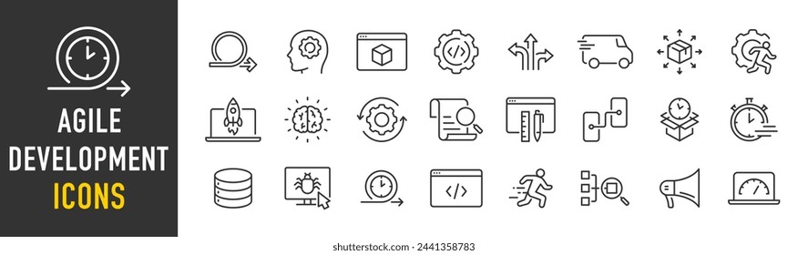 Agile Development web icons in line style. Scrum, requirements, maintenance, testing, software collection. Vector illustration.