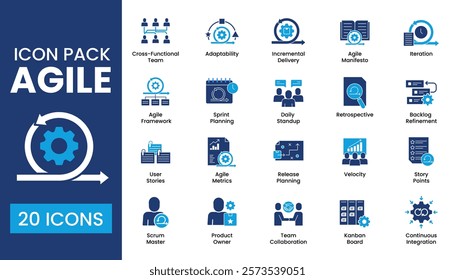 Agile icon pack for project management. Includes agile framework, sprint planning, daily standup, retrospective, backlog refinement, cross-functional team, adaptability. Vector icon set. 