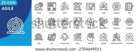 agile icon set collection in outline style. icon pack contain scrum, sprint, kanban, flow, cycle, interaction, task, board, team, communication icon